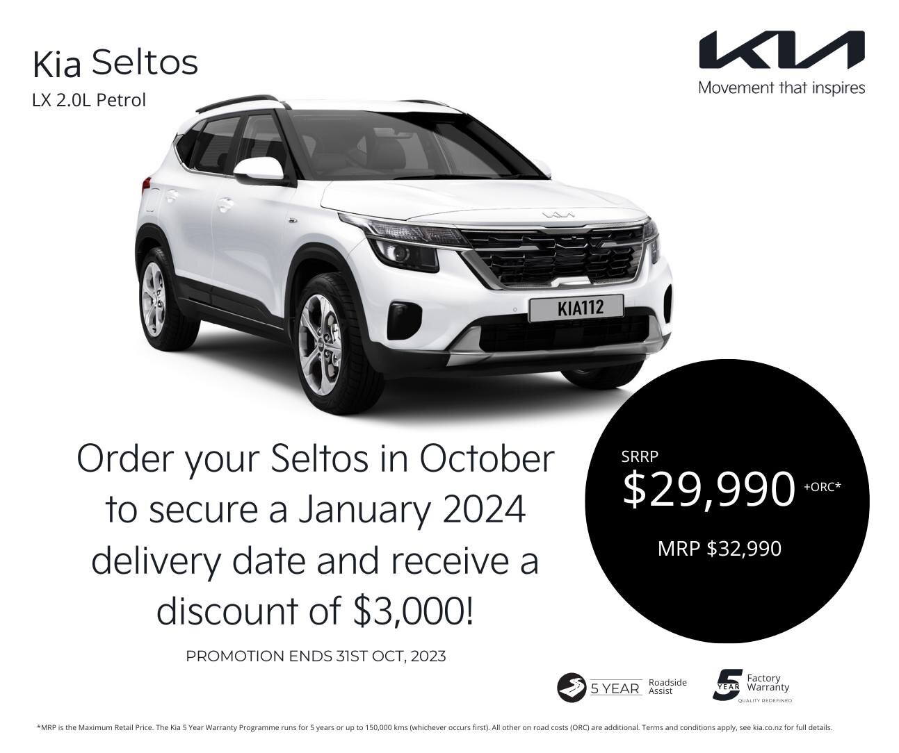 Order your Seltos in October to secure a January 2024 delivery date and receive a discount of $3,000!