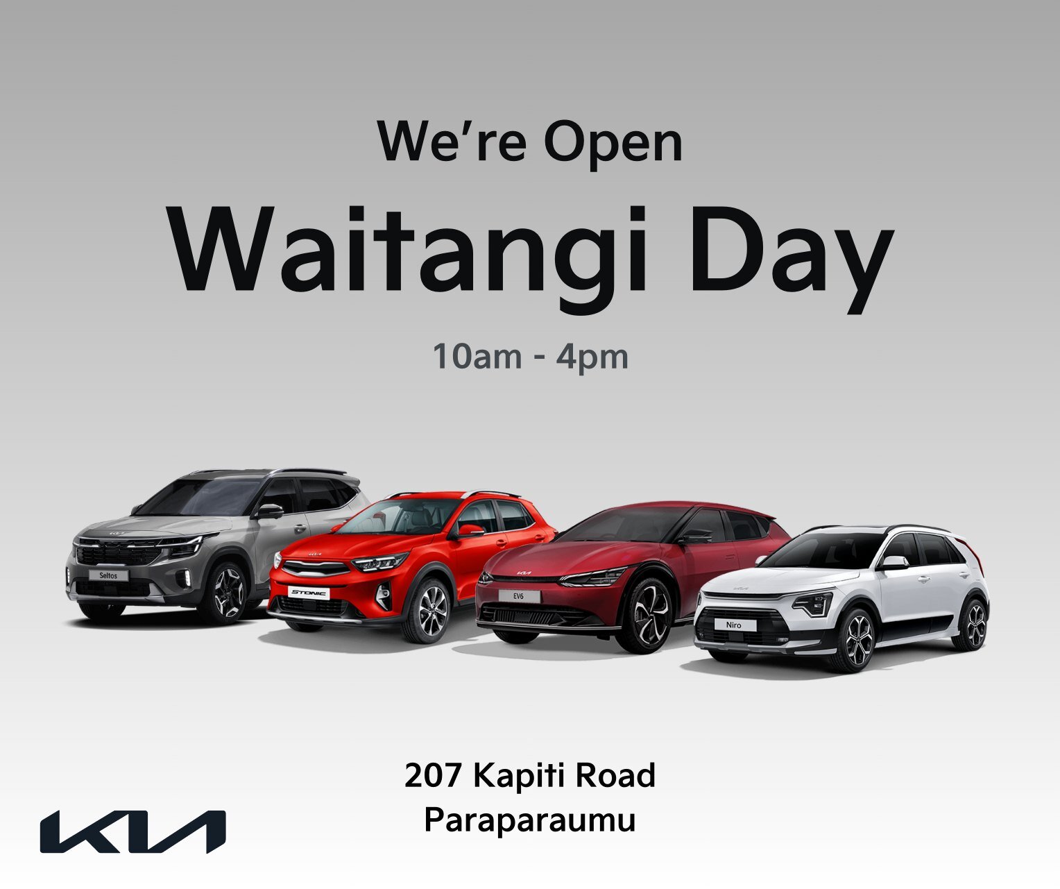 🎉 Celebrate Waitangi Day with Kapiti Kia! 🚗

Our doors are wide open, and while our sales department takes the spotlight, we've got a fantastic lineup of brand-new Kia models and a diverse range of pre-loved vehicles waiting for you to explore.

🌟