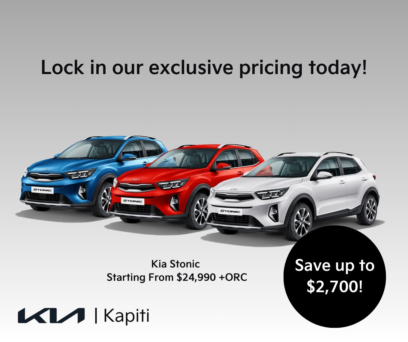 🚗 Exciting news from Kapiti Kia! Don't miss out on our limited-time offer for the Kia Stonic! Save up to $2,700 with our special pricing. 🌟

Introducing the stylish Stonic SX! Get behind the wheel today for just $27,490 (RRP $29,990 + on-road costs