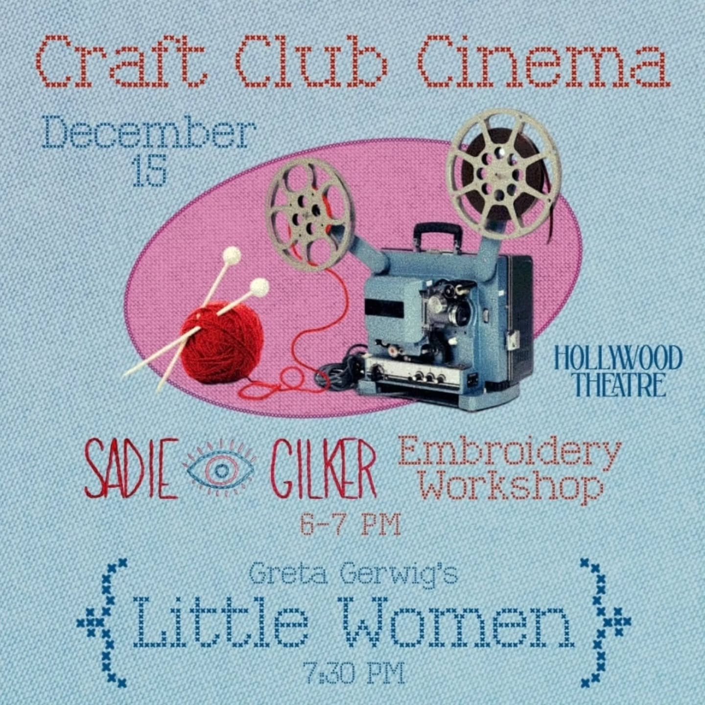 I am sooooooo excited to work with the Hollywood Theatre this year! Join me for my last workshop of the year!! 

Embroidery Workshop with me at 6pm
Doors for Movie are at 7pm

Whats the event?
Join us for a cozy night of creativity and cinema as Craf