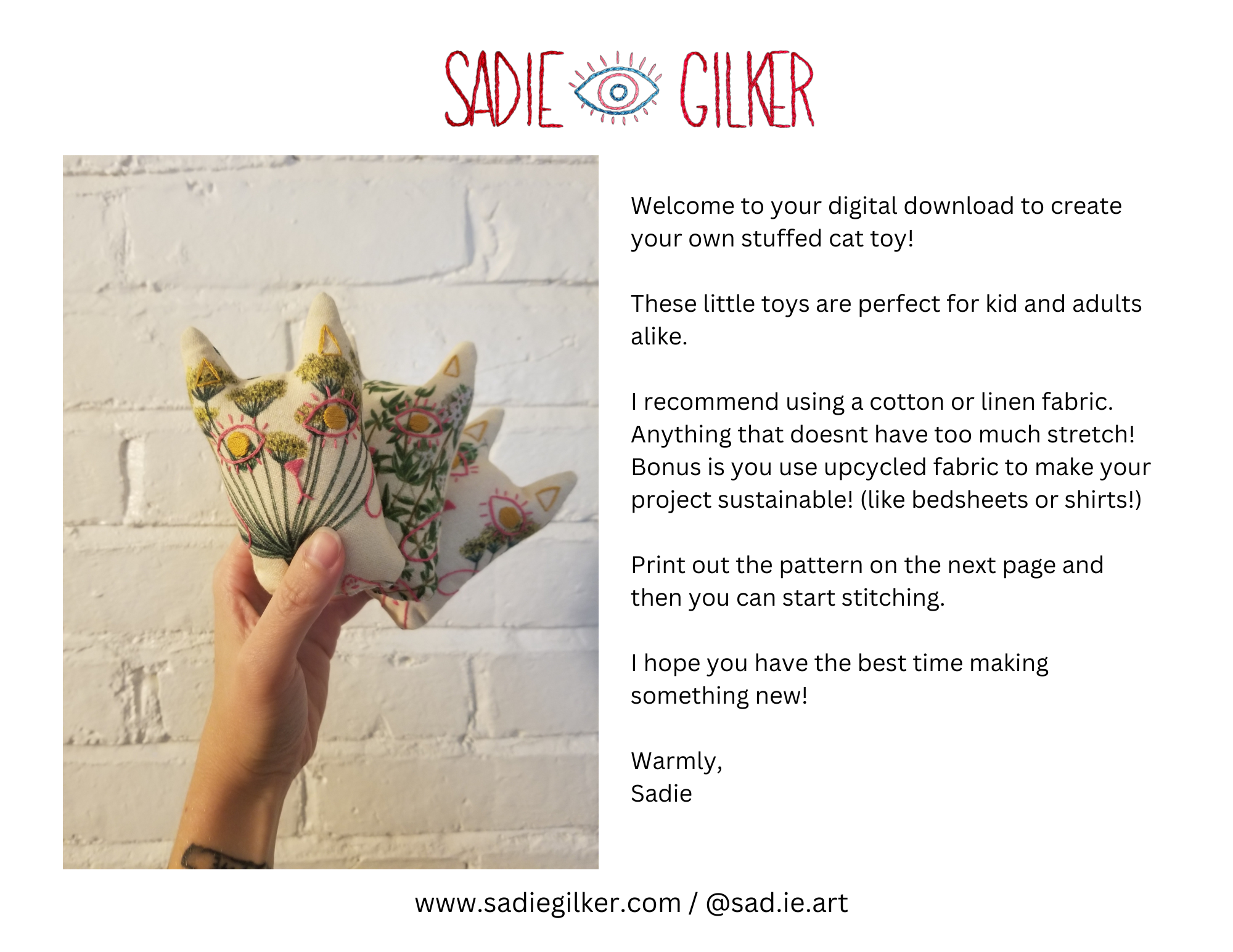 Stuffed Cat Pattern- Sadie Gilker @sad.ie.art - Digital Download