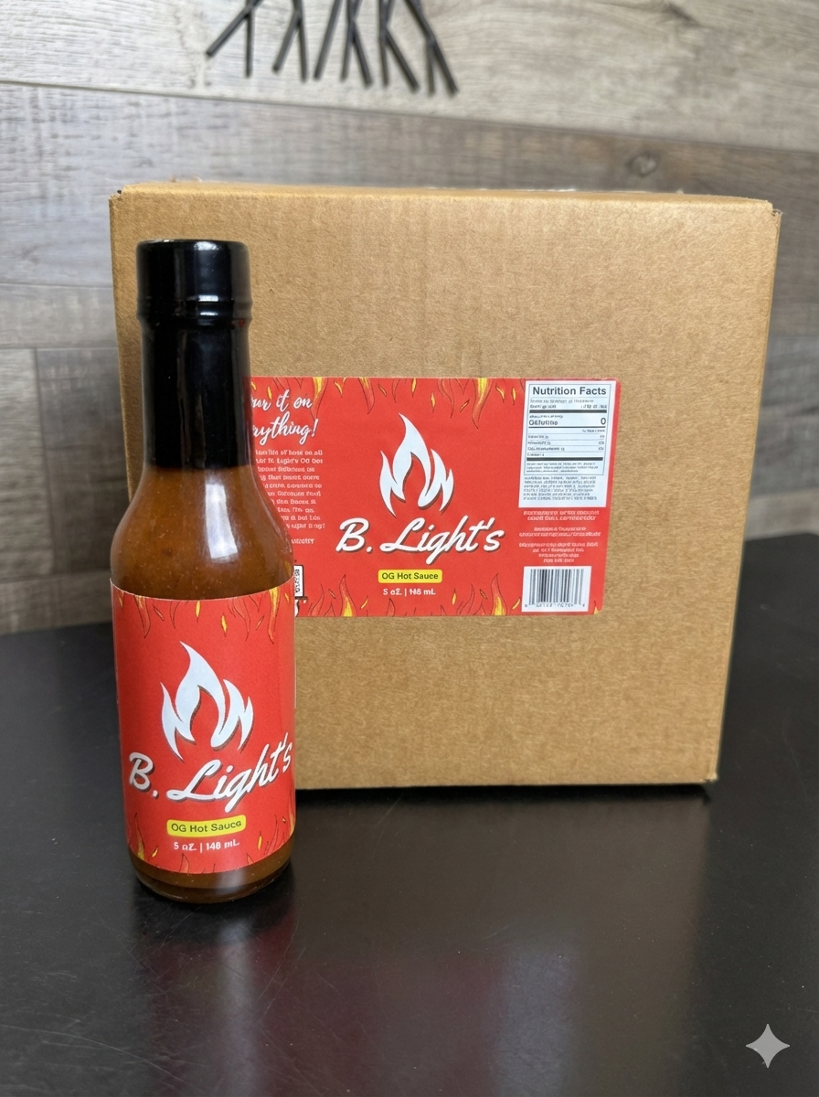Box of Twelve Bottles of B.Light's OG Hot Sauce