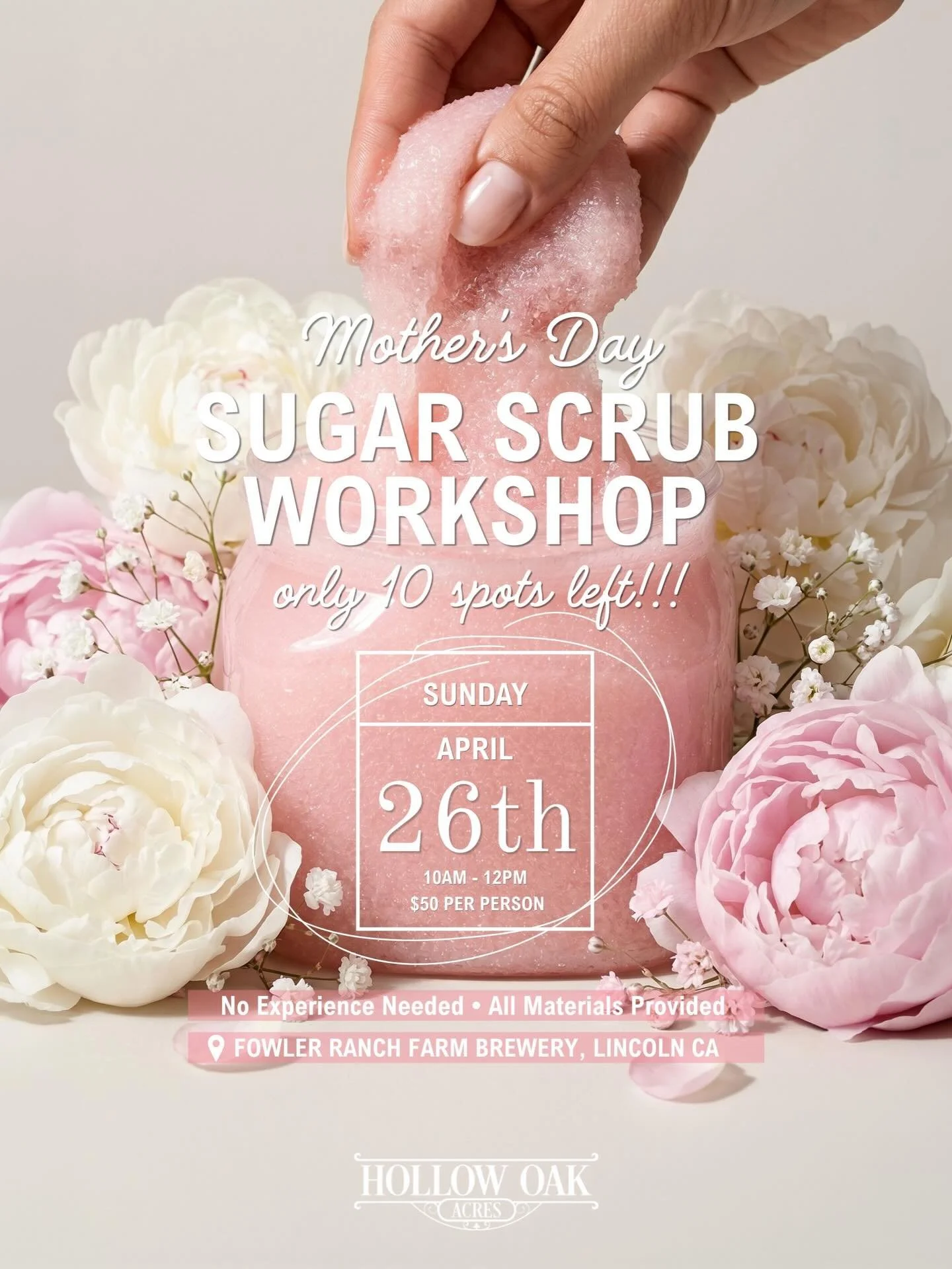 Only 10 spots left!🌸
Our Mother&rsquo;s Day Sugar Scrub Workshop is almost full! Join us Sunday, April 26th from 10AM-12PM at Fowler Ranch Farm Brewery for a hands-on morning crafting luxurious Goat Milk Sugar Scrubs.
No experience needed. All mater