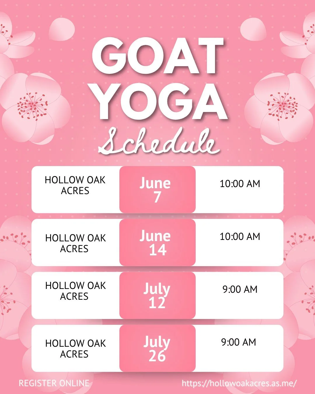 Slow down. Breathe deep. Let the goats do the rest. 🌅🐐
In the middle of a busy week, sometimes you just need a morning on the farm. Goat Yoga at Hollow Oak Acres is a gentle, grounding 1 hour session designed to help you reset - surrounded by natur