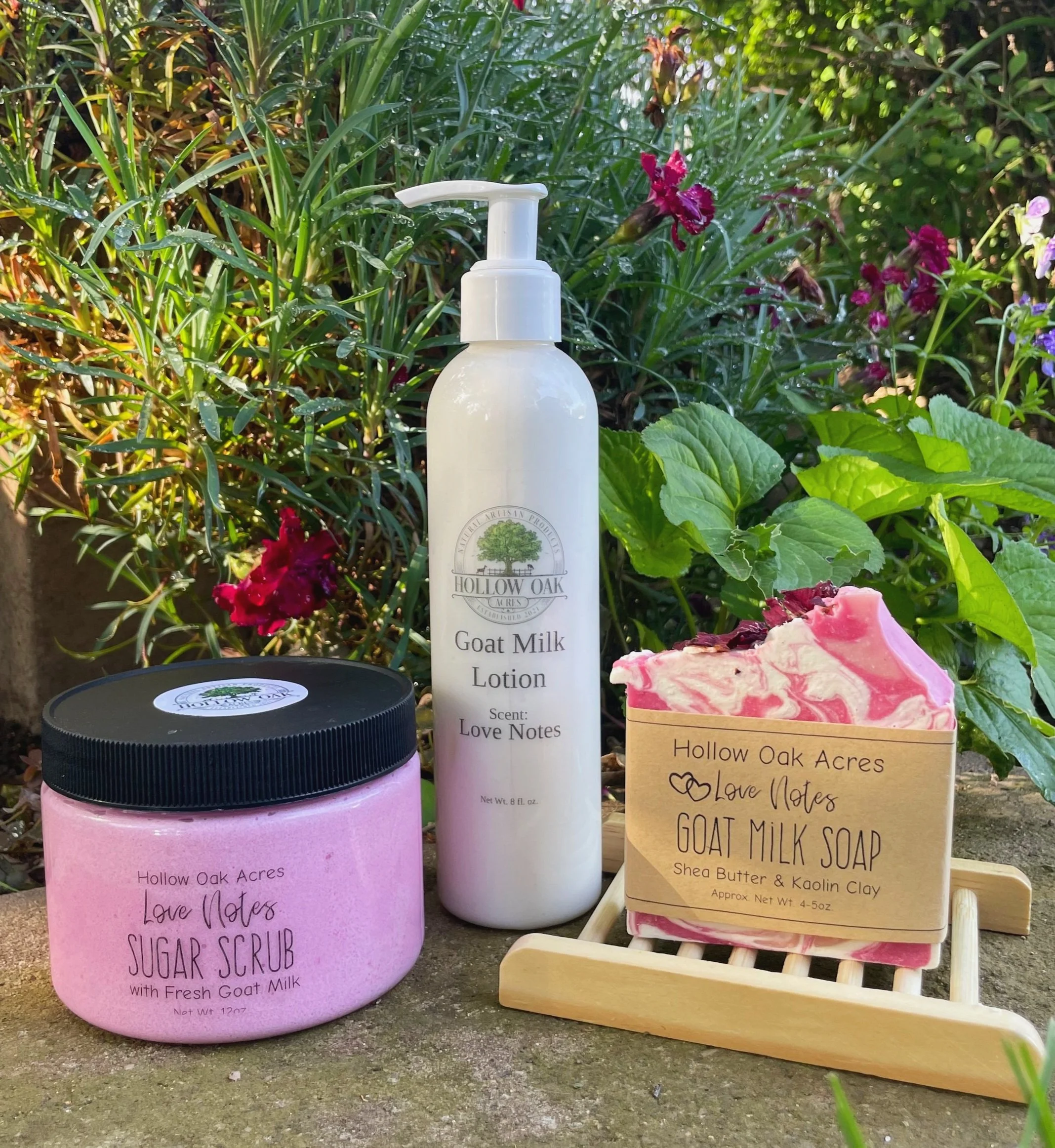 Hollow Oak Acres subscription box featuring goat milk lotion, sugar scrub, and soap in Love Notes scent – luxury handcrafted skincare products.