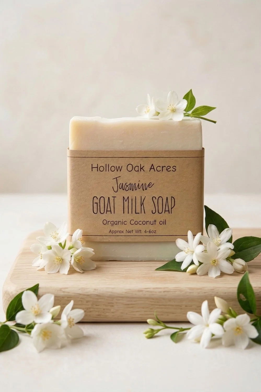 Hollow Oak Acres Jasmine Goat Milk Soap bar wrapped in kraft paper, surrounded by fresh jasmine flowers on a wooden board
