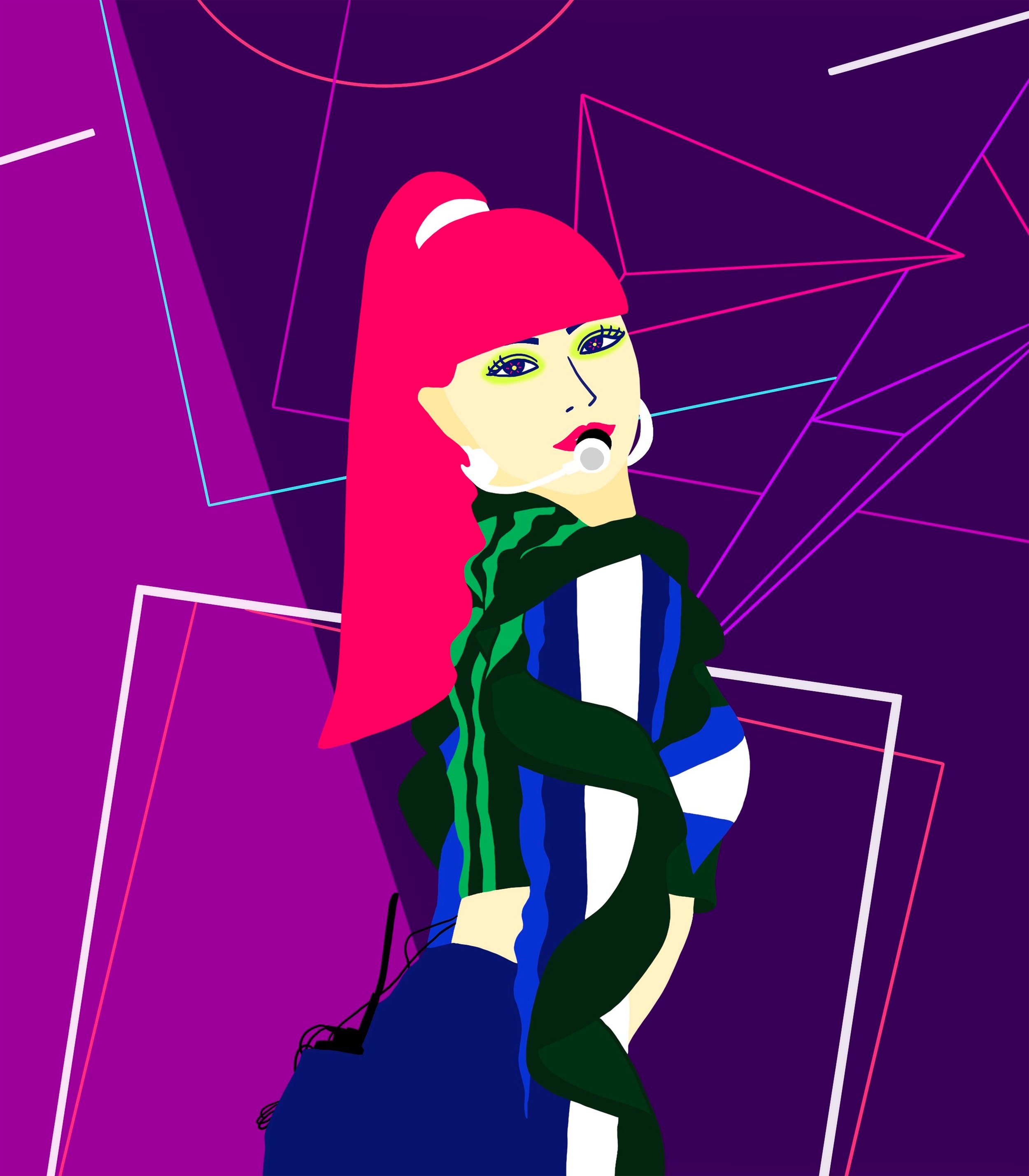 Illustration of a woman with bright pink hair and geometric background