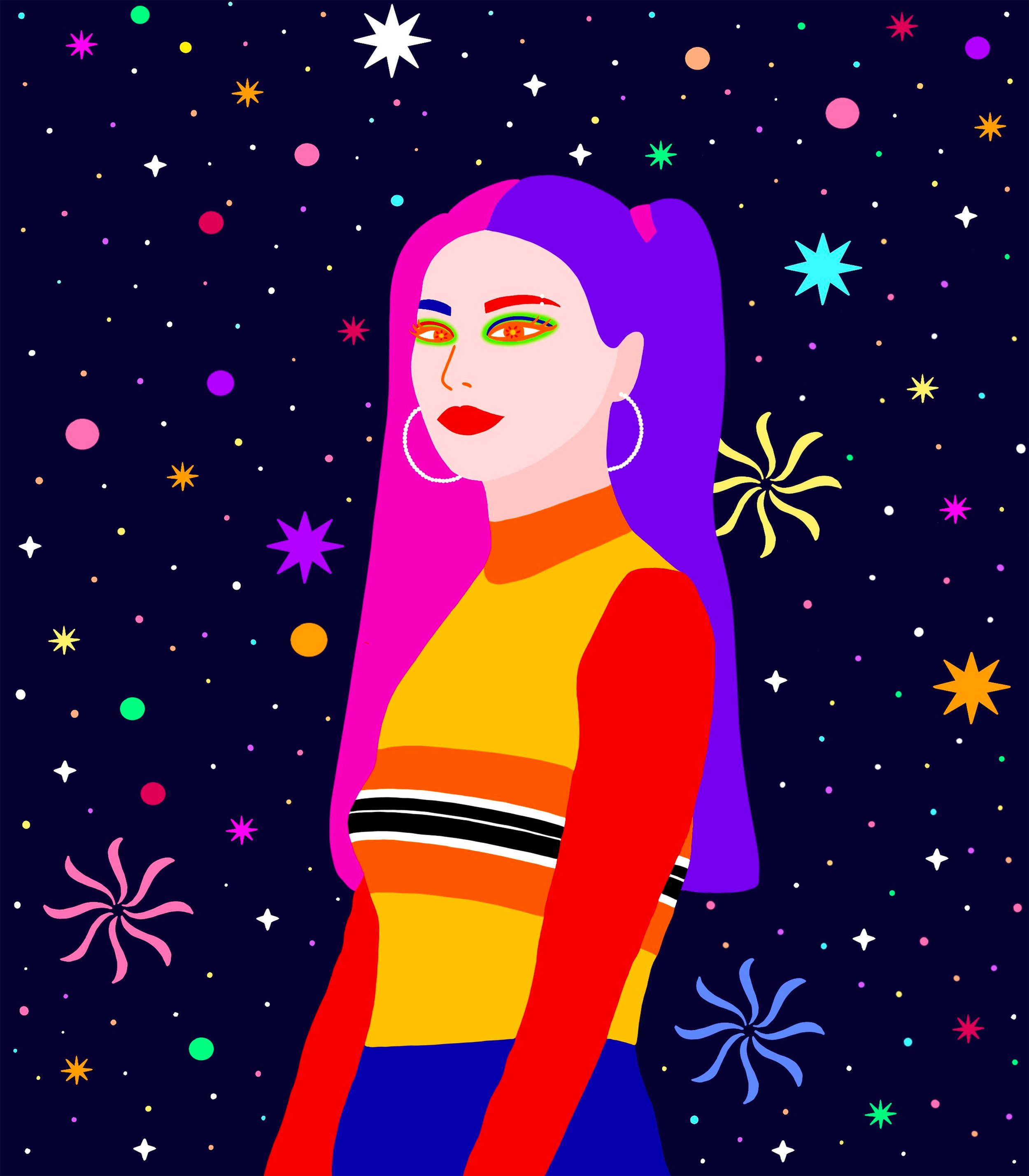 Illustrated woman with purple and pink hair, wearing colorful makeup and clothing, against a starry, cosmic background.