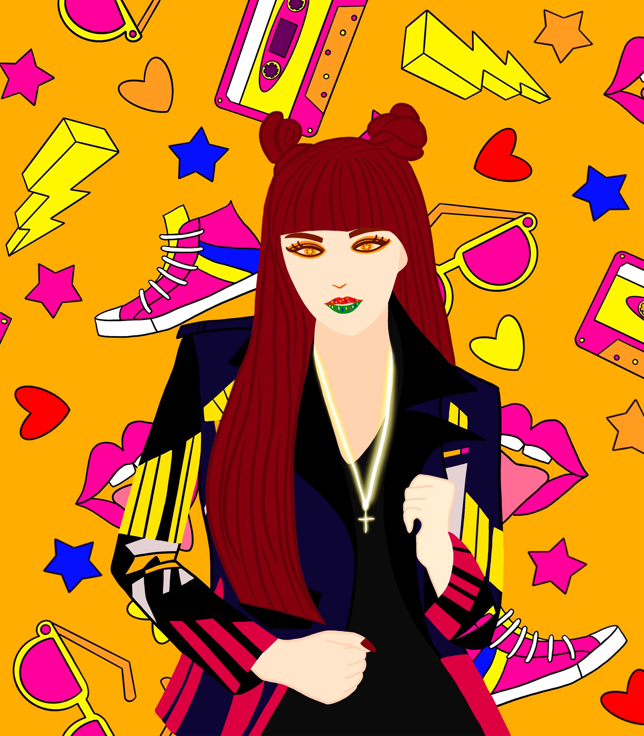 Colorful pop art illustration of a person with long brown hair, wearing a patterned jacket and cross necklace, set against a vibrant background with shoes, sunglasses, mixtapes, hearts, stars, lips, and lightning bolts.