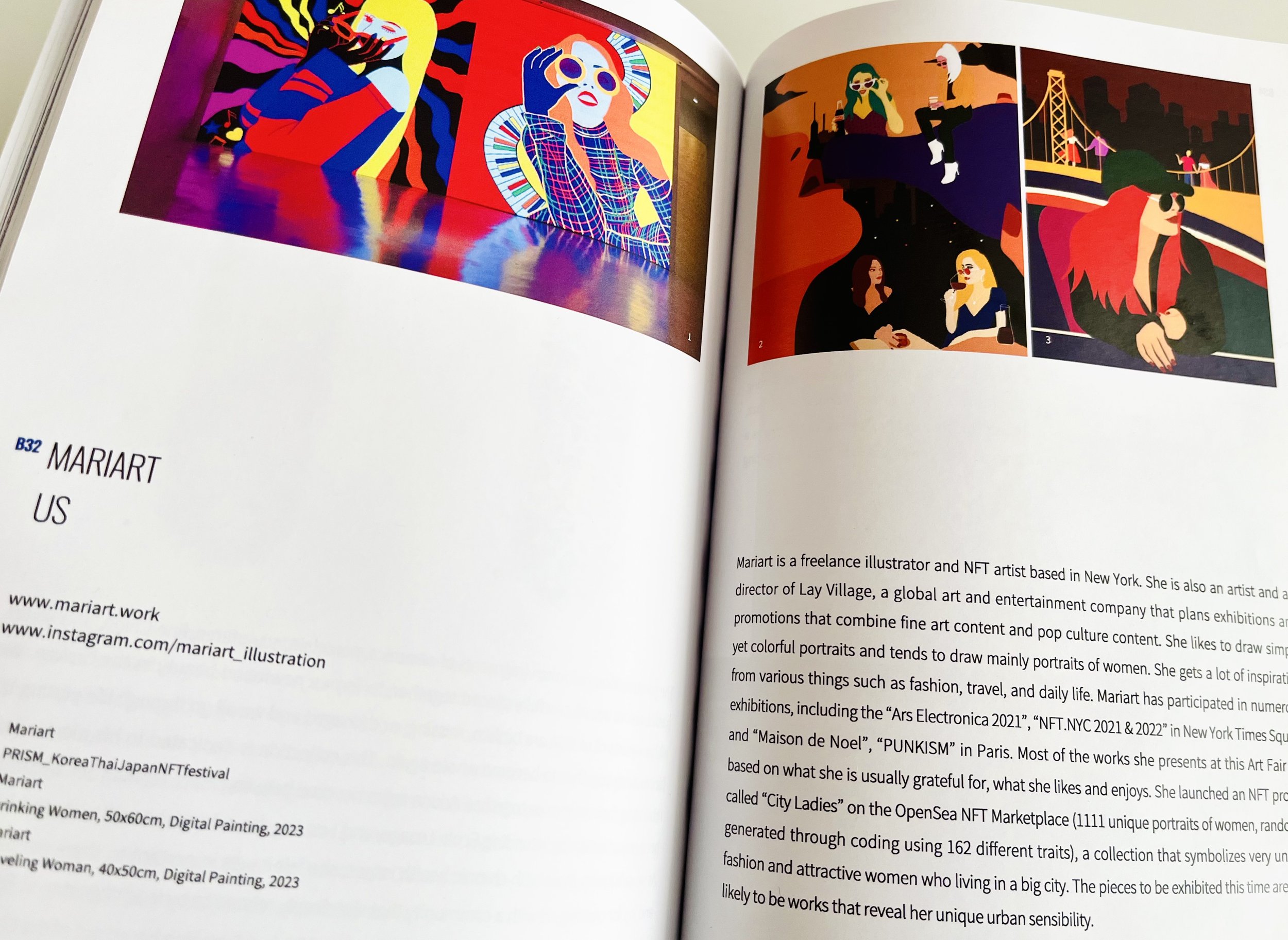 Open magazine featuring colorful digital paintings by Mariart, showcasing abstract and portrait art. Includes artist description and contact information.