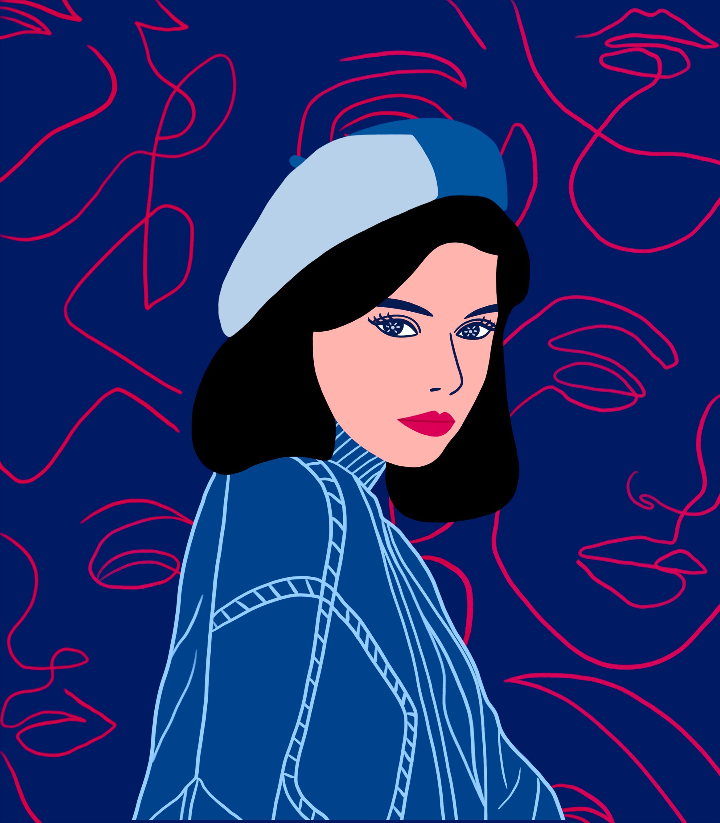 Illustration of a woman with dark hair wearing a blue beret and outfit against a dark blue background with abstract red line art faces.