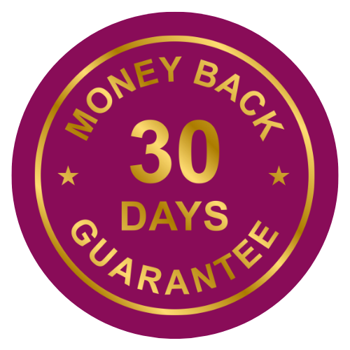 Gold and purple badge with text 'Money Back Guarantee 30 Days' and two stars.