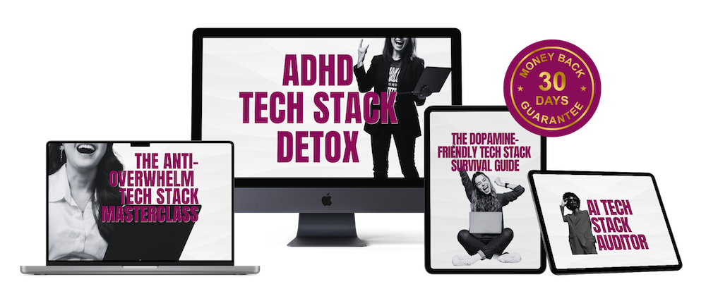 Multiple digital devices displaying website graphics and text related to tech stack detox and ADHD, including a monitor, tablet, and laptop, with a "30 days money back guarantee" badge.