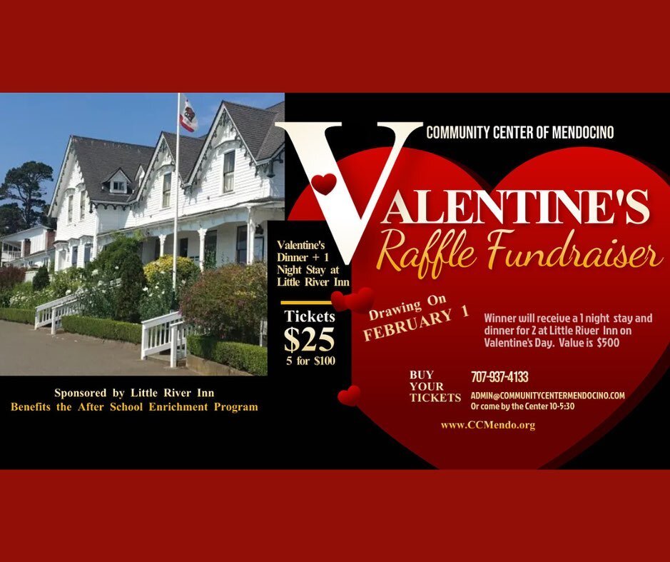 Win a 1 night&rsquo;s stay + dinner for 2 at @littleriverinn on Valentine&rsquo;s Day!!! Swing by CCM or email admin@communitycentermendocino.com to enter! $25 per ticket or 5/$100 &mdash; proceeds benefit our after school program and facility operat