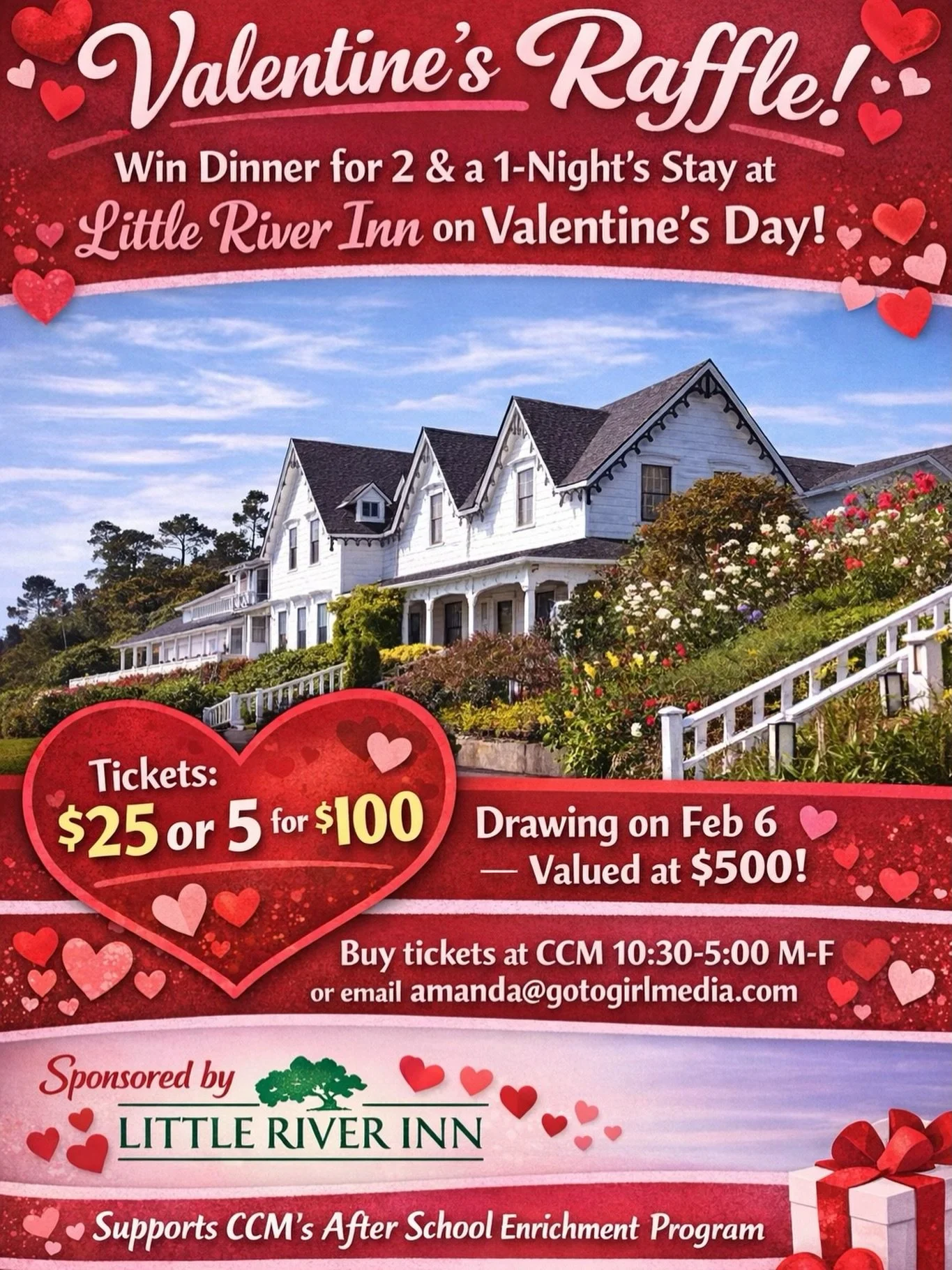 Roses are red 🌹Violets are blue 💙 This Valentine&rsquo;s Raffle could be a getaway for TWO 💘 @littleriverinnrestaurant 

✨ Win dinner for 2 + a one-night stay at Little River Inn
🎟️ $25 per ticket or 5 for $100
📅 Drawing on Feb 6
Supporting CCM&