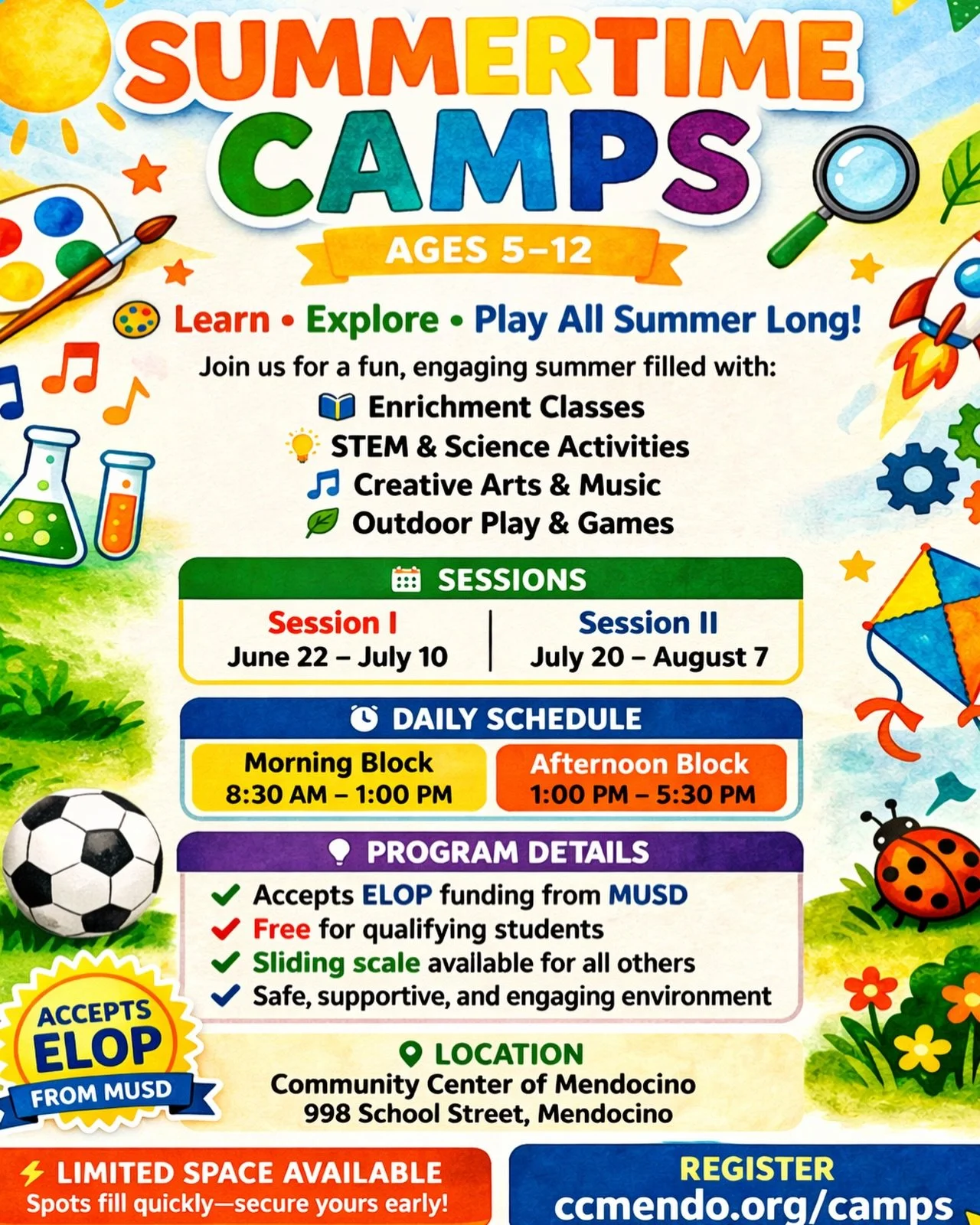 Summer at the Community Center of Mendocino is back 🌈
Enrichment, STEM, science, outdoor play + more&mdash;designed for curious, creative kids.

✔️ Accepts ELOP (MUSD)
✔️ Sliding scale available
✔️ Ages 5&ndash;12

Morning Block: 8:30&ndash;1
Aftern