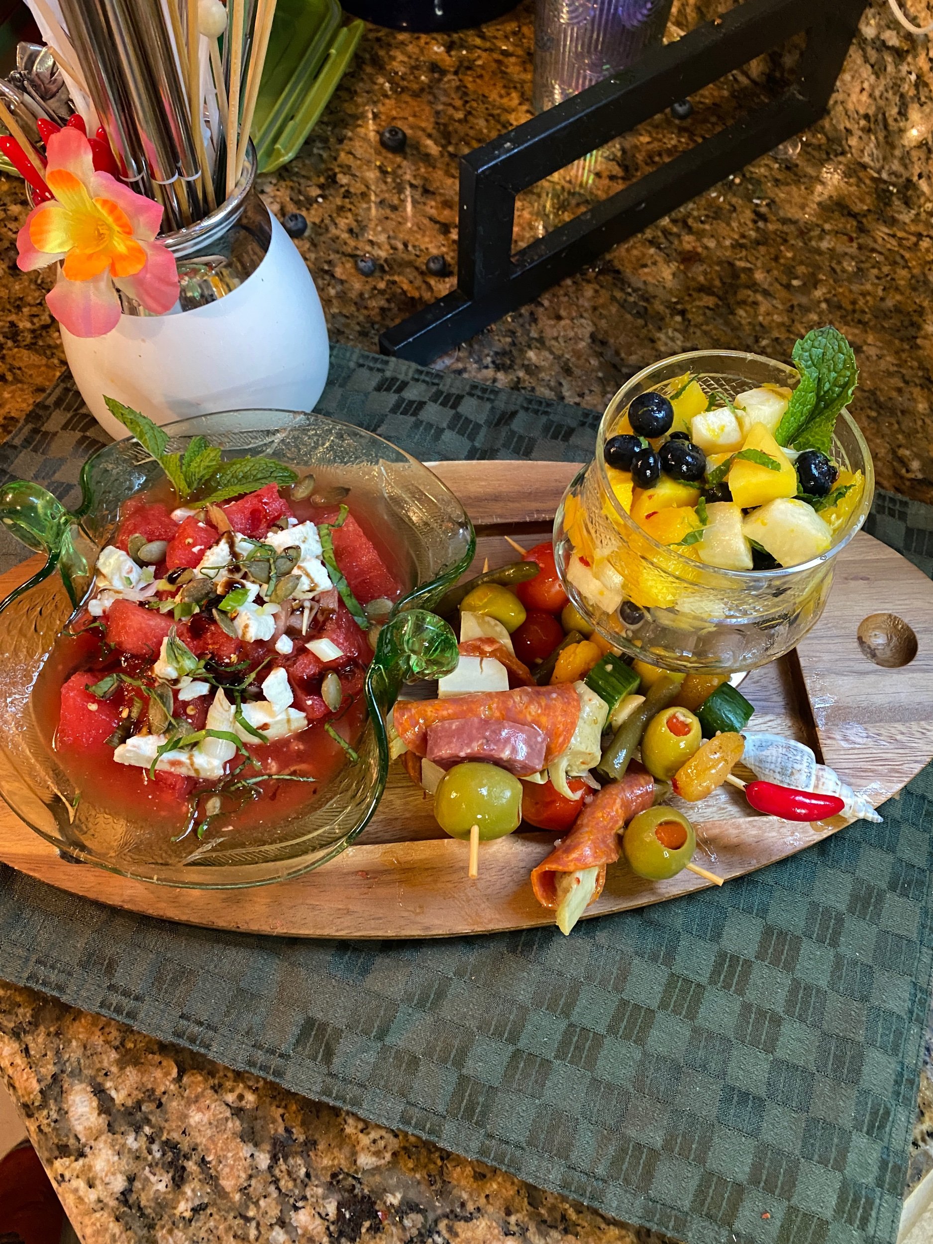 Cold Watermelon Chili, Jicama Mango and Citrus Salad and some Marinated Italian Antipasto Skewers