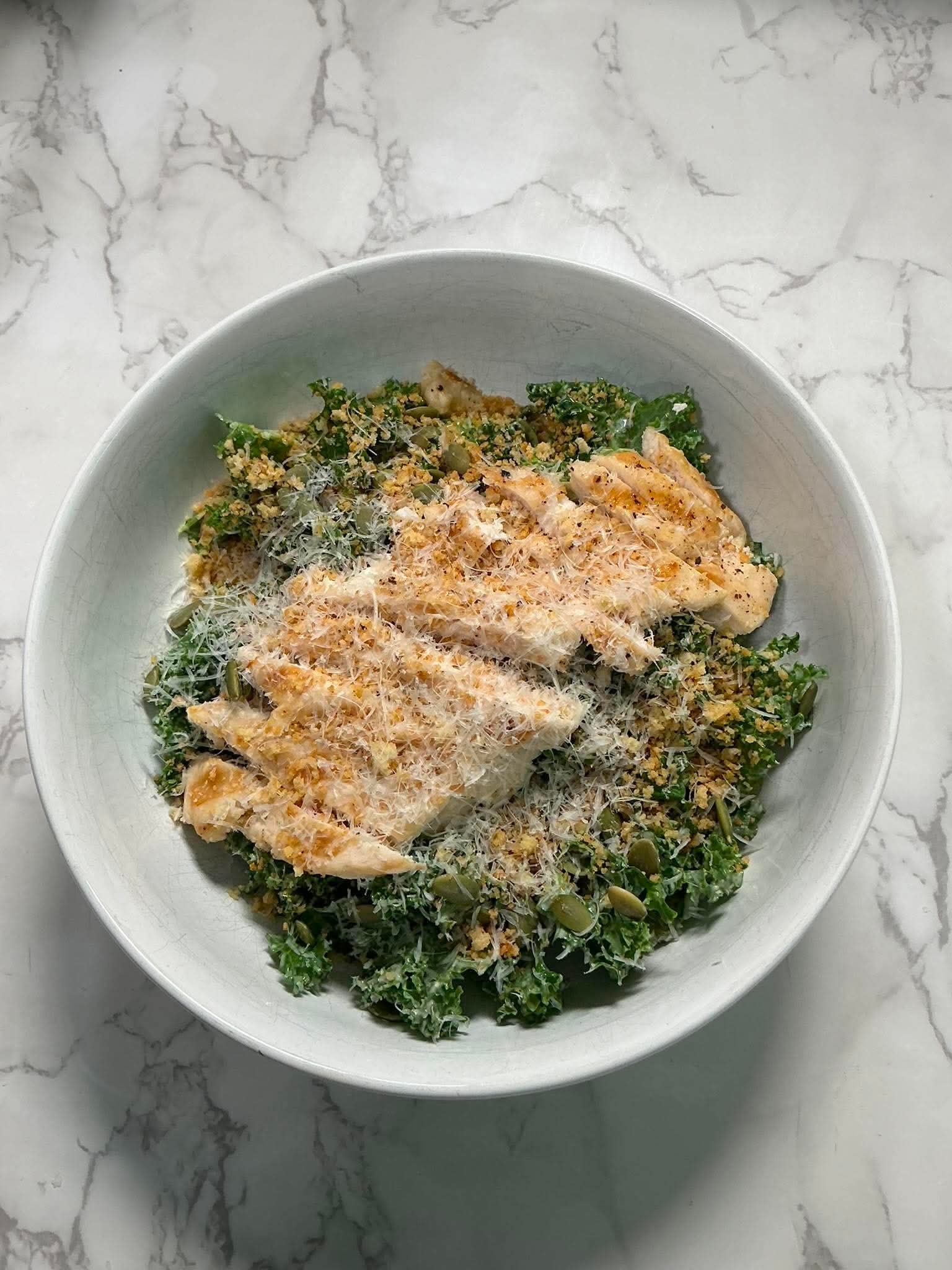 Kale Chicken Caesar Salad with Toasted Breadcrumbs
