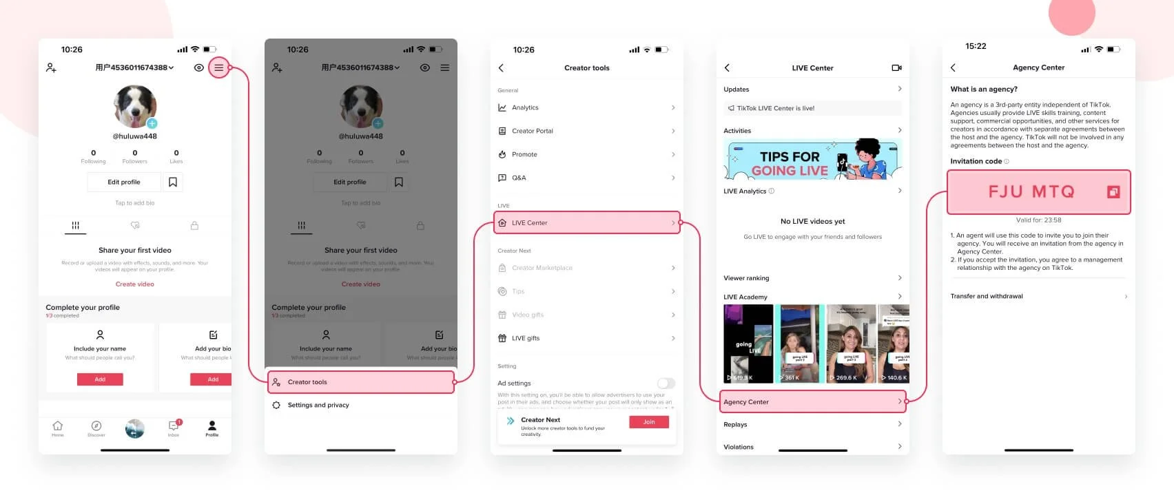 Screenshots showing how to access the TikTok Agency Center and generate an invitation code for agency collaboration.