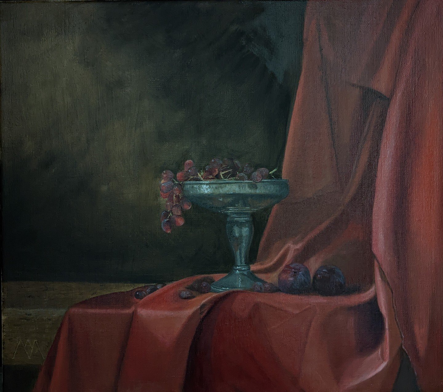 "A study in scarlet" 🍇
Oil on canvas
Size: 41 x 45 cm

Scroll for some close ups!

Part of my new still life series - each painting exploring the use of historical pigments of a specific colour - in this case, red.

Painted using genuine v