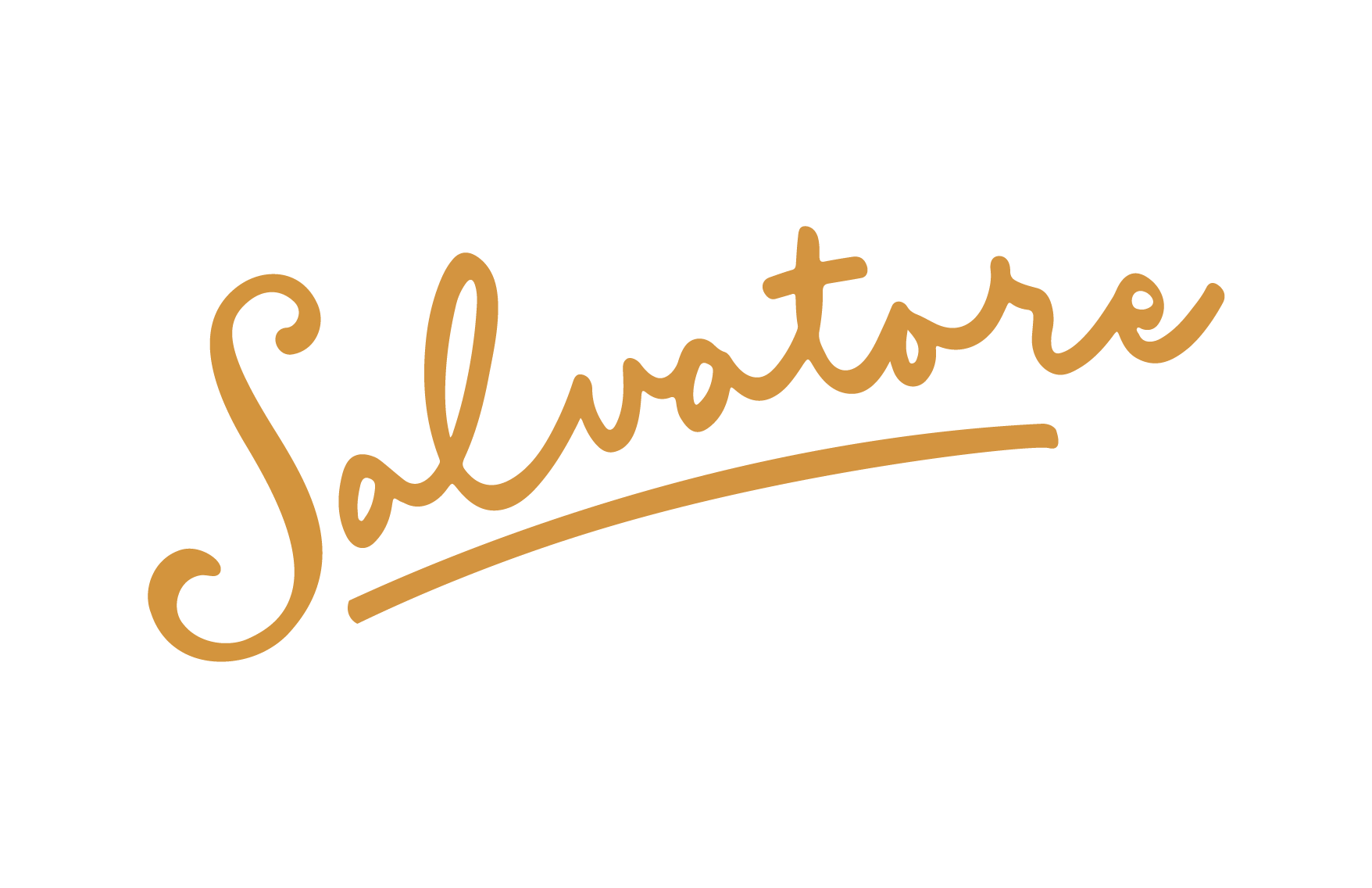 Het woord 'Salvatore' geschreven in bruin, cursieve letters op een zwarte achtergrond.