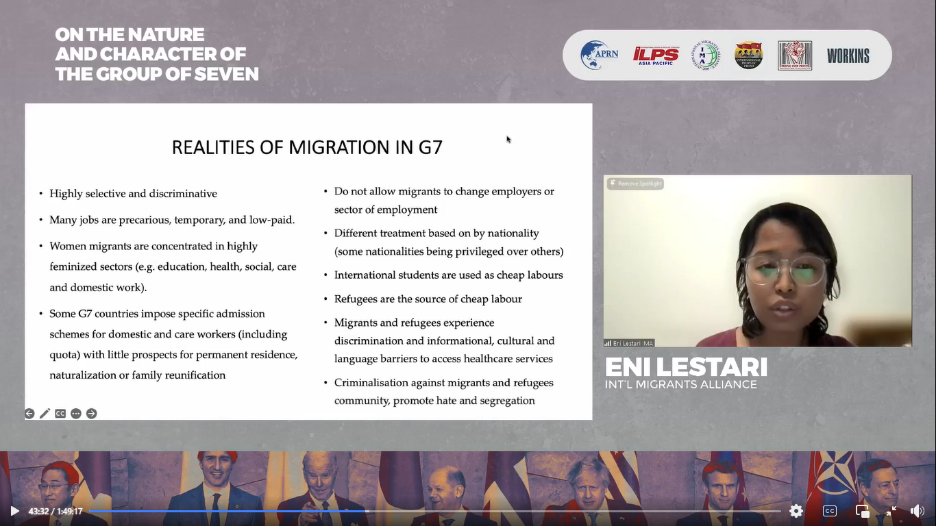“Migration Treated as a Tool For Neoliberal Economic Growth”, said Eni Lestari, Chairperson of IMA during the online discussion on G7