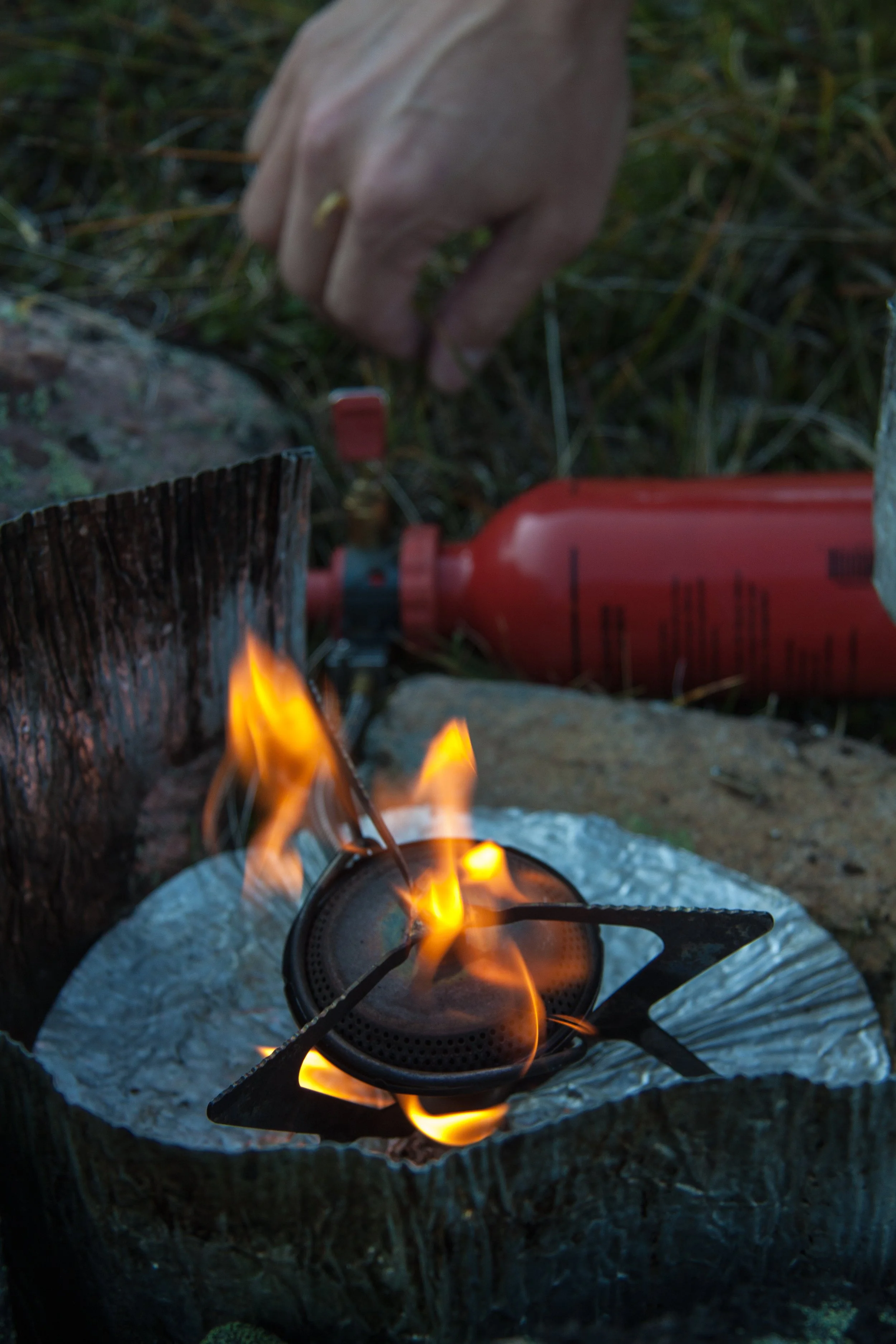 Hand, die eine Feueranzünderflamme an einem kleinen Kocher auf einem Baumstamm entzündet.
