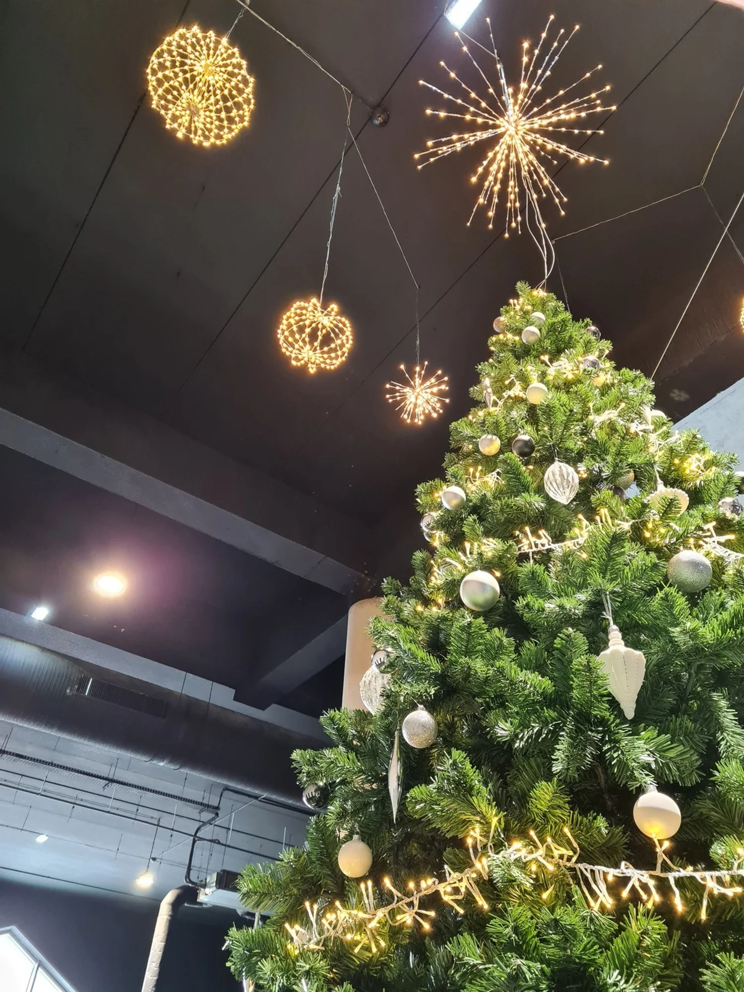 sapin de Noël immense dans un cinéma, avec une décoration dorée