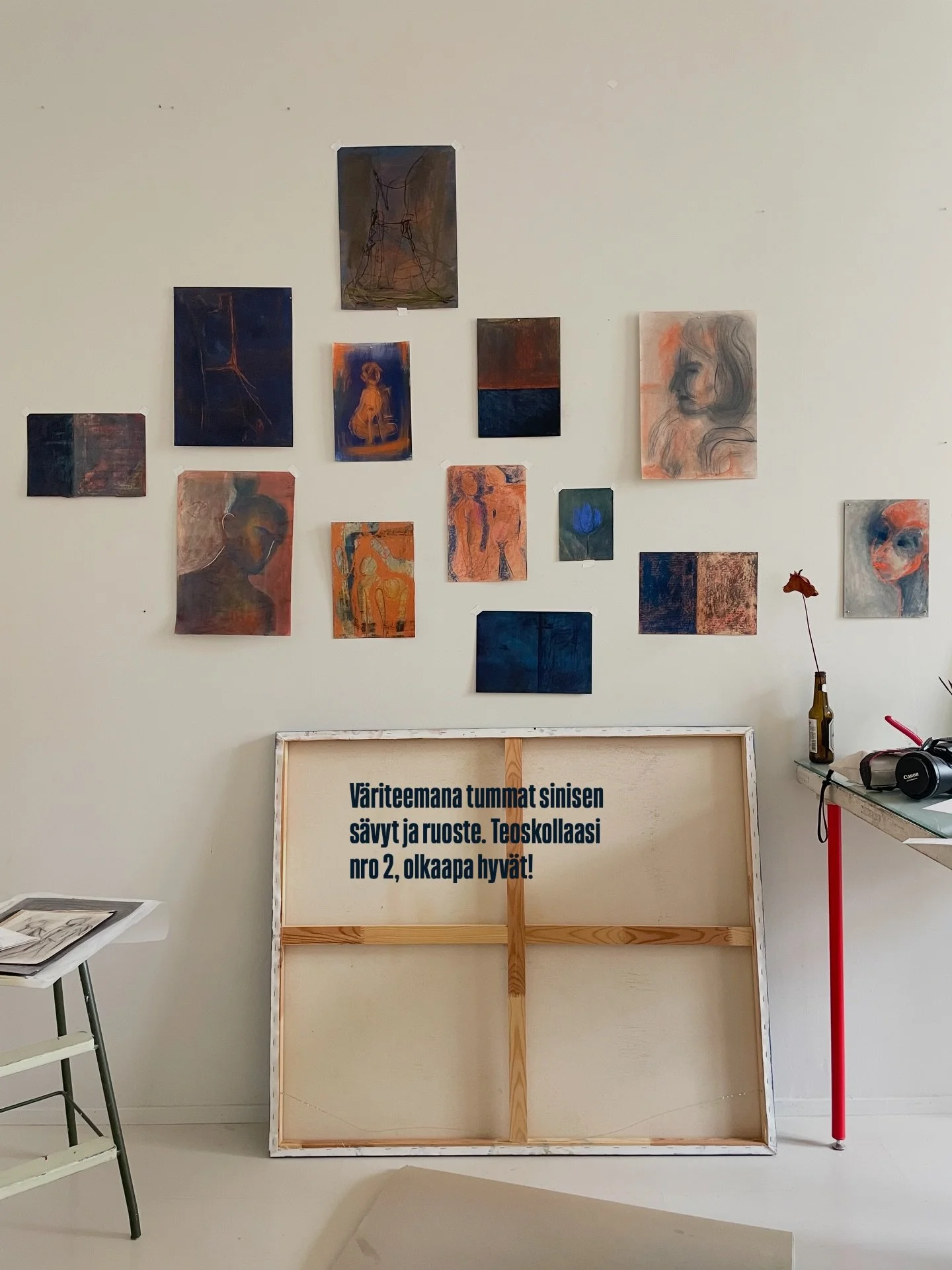 Kev&auml;tkamppiksen toinen sein&auml;kollaasi k&auml;sitt&auml;&auml; tummia sinisi&auml; sek&auml; ruosteen ja oranssin s&auml;vyj&auml;. Mik&auml;li jokin teos kiinnostaa, niin l&auml;het&auml;th&auml;n viesti&auml; 💌 

Hinnat 
Koko ~A5 ▪️ 50&eur