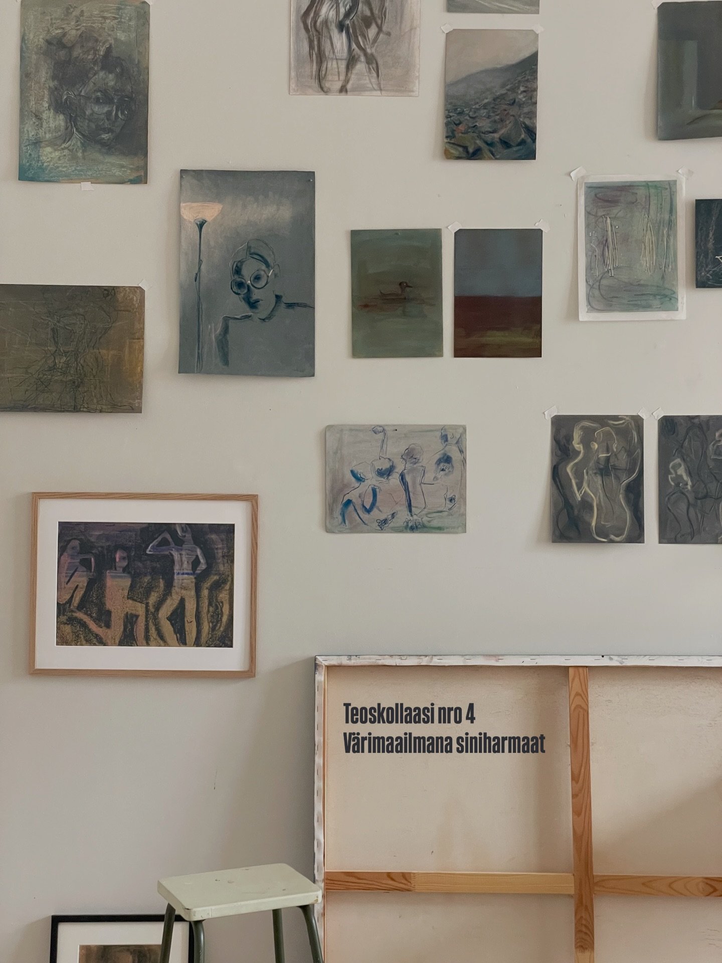 Kev&auml;&auml;n nelj&auml;s teoskollaasi, v&auml;riteemana siniharmaat. Mukana ihmisfiguureiden lis&auml;ksi muutama lintu ja maiseman&auml;kym&auml; ja yksi monotypia.

Hinnat 
Koko ~A5 ▪️ 50&euro; (norm. 95&ndash;115 &euro;)
Koko ~A4 ▪️ 85&euro; (