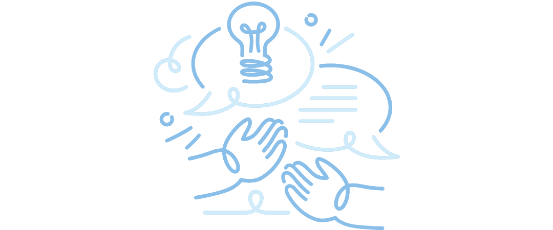 Line drawing of two hands giving a high five above a speech bubble, with a lightbulb inside the speech bubble, symbolizing teamwork and ideas.