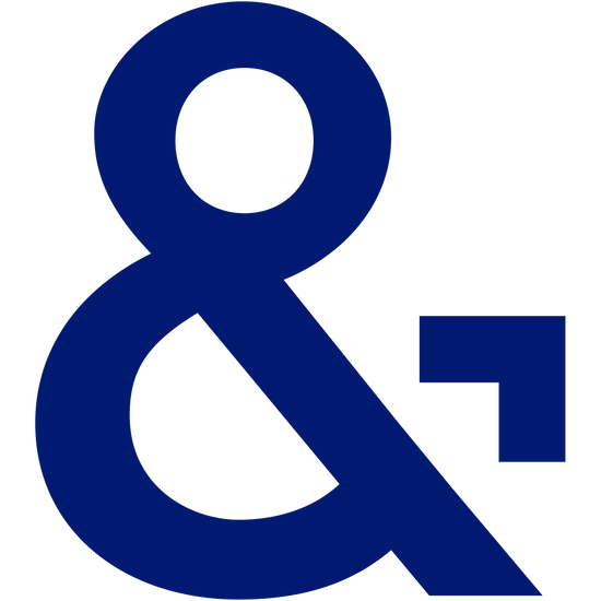 Large navy blue ampersand symbol with a small navy blue number four to the right of it.