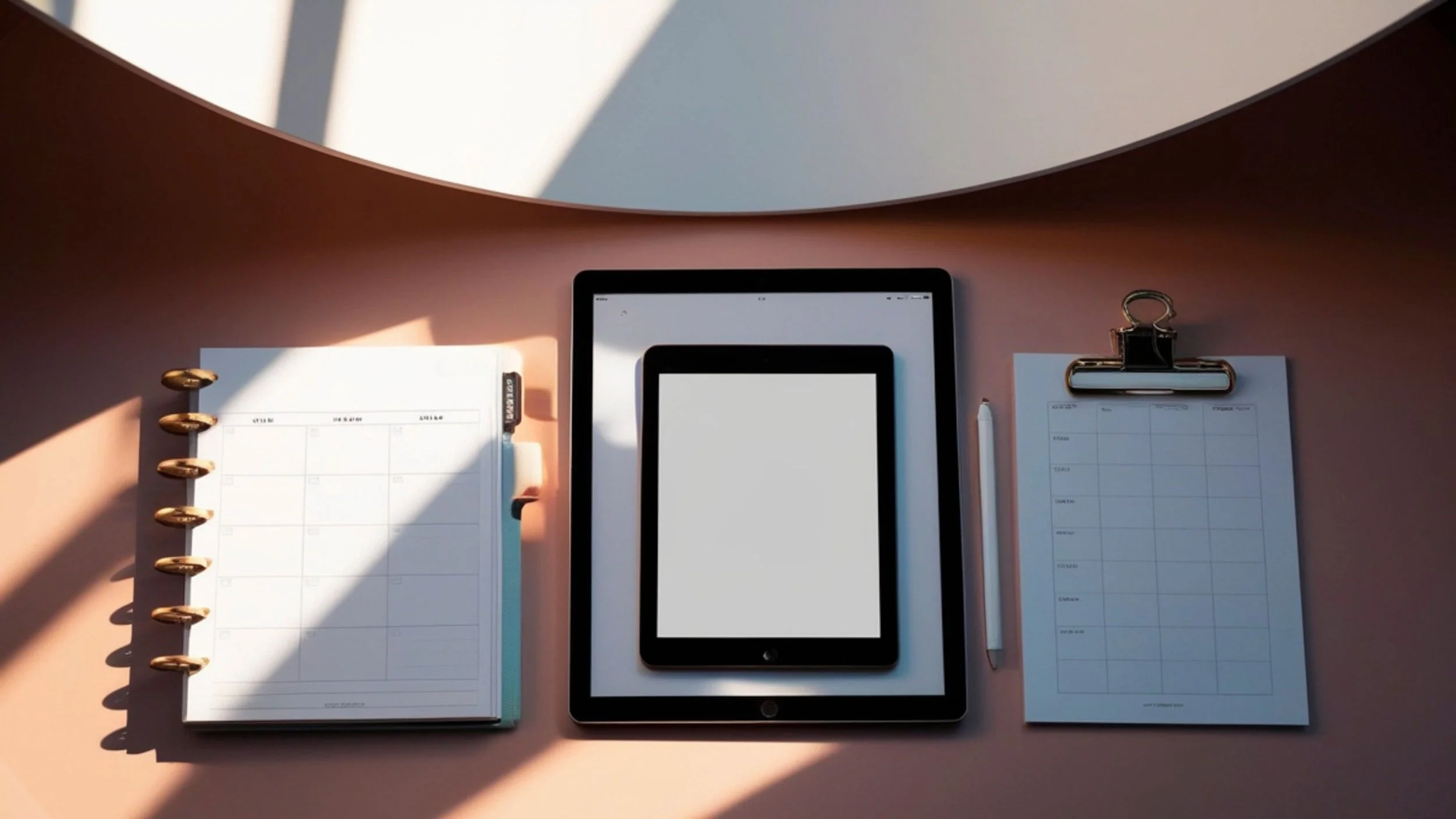 Flat lay of a pink desk with a planner, an electronic tablet, a digital notepad, a white pen, and two clipboards, with sunlight creating shadows.