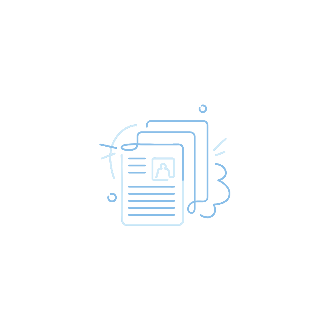 Outline icon of documents with a person's profile picture and lines of text, surrounded by abstract design elements on a black background.
