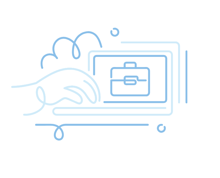 Digital illustration of a hand typing on a laptop with a briefcase icon on the screen, suggesting online business or work.
