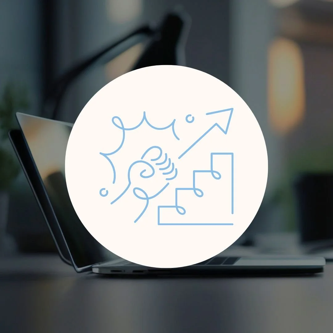 Business Transformation Blueprint package with growth and upward arrow icon over laptop workspace