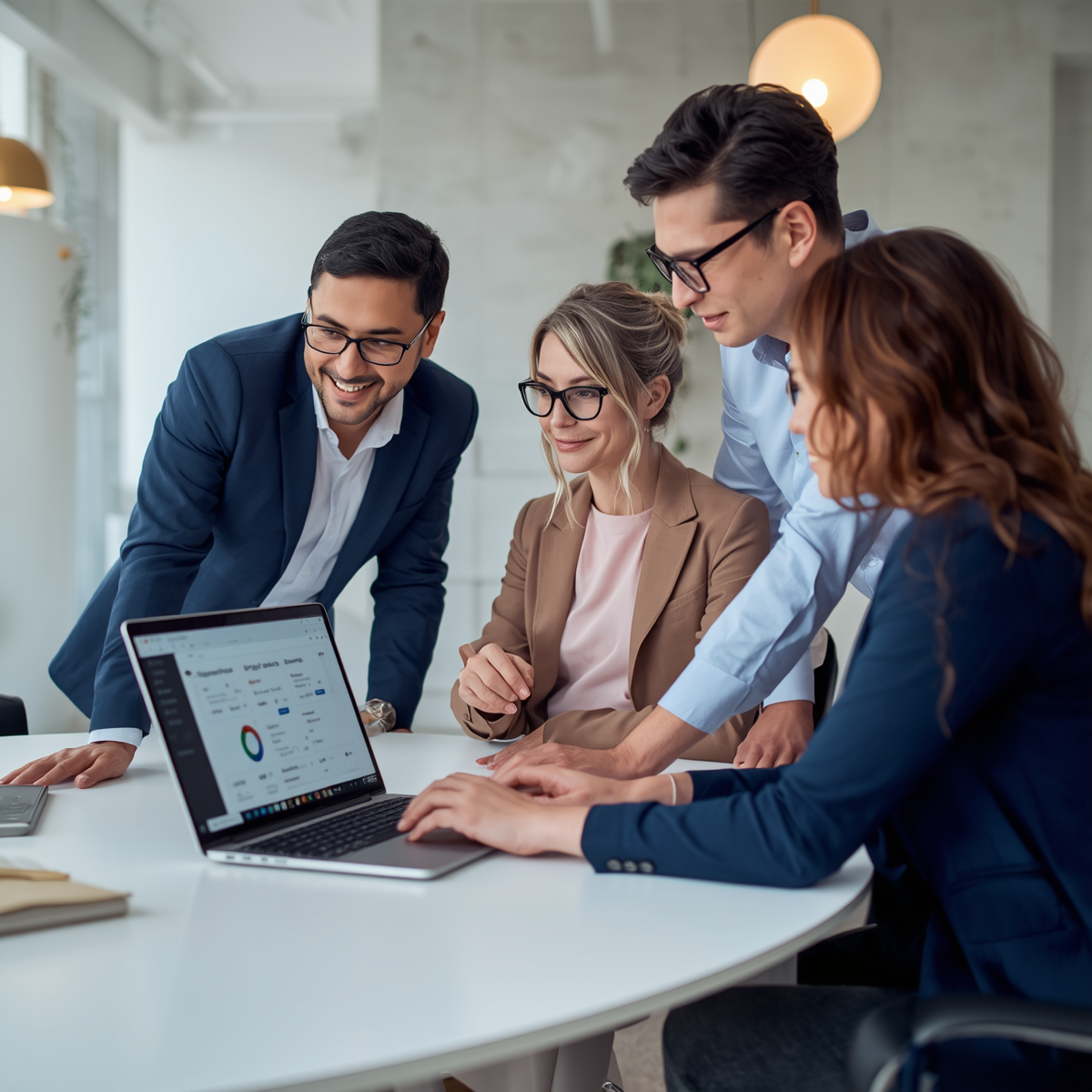Four business professionals, two men and two women, gathered around a laptop, collaborating in a modern office.