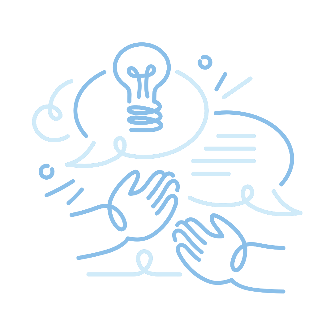 Hands beneath speech bubbles and a light bulb