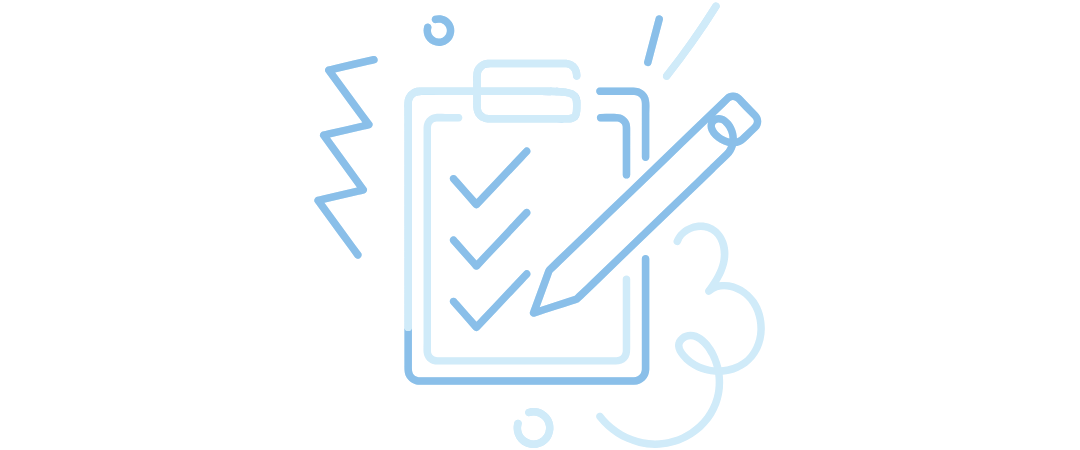 Line drawing of a clipboard with checkmarks, a pencil, a checklist, and decorative lines.