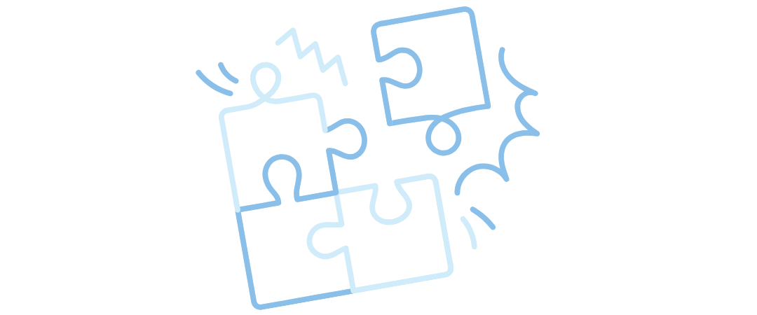 Light blue outline of four interlocking puzzle pieces with motion lines.