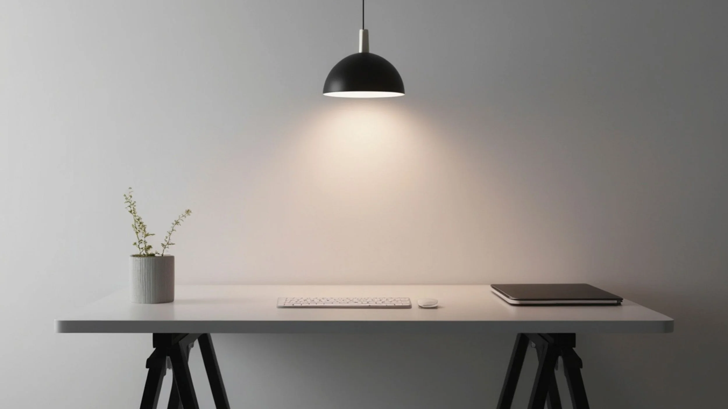 Minimalist workspace with a white desk, a potted plant on the left, a wireless keyboard and mouse in the center, a closed laptop on the right, and a black pendant light hanging above, lighting the space against a plain white wall.