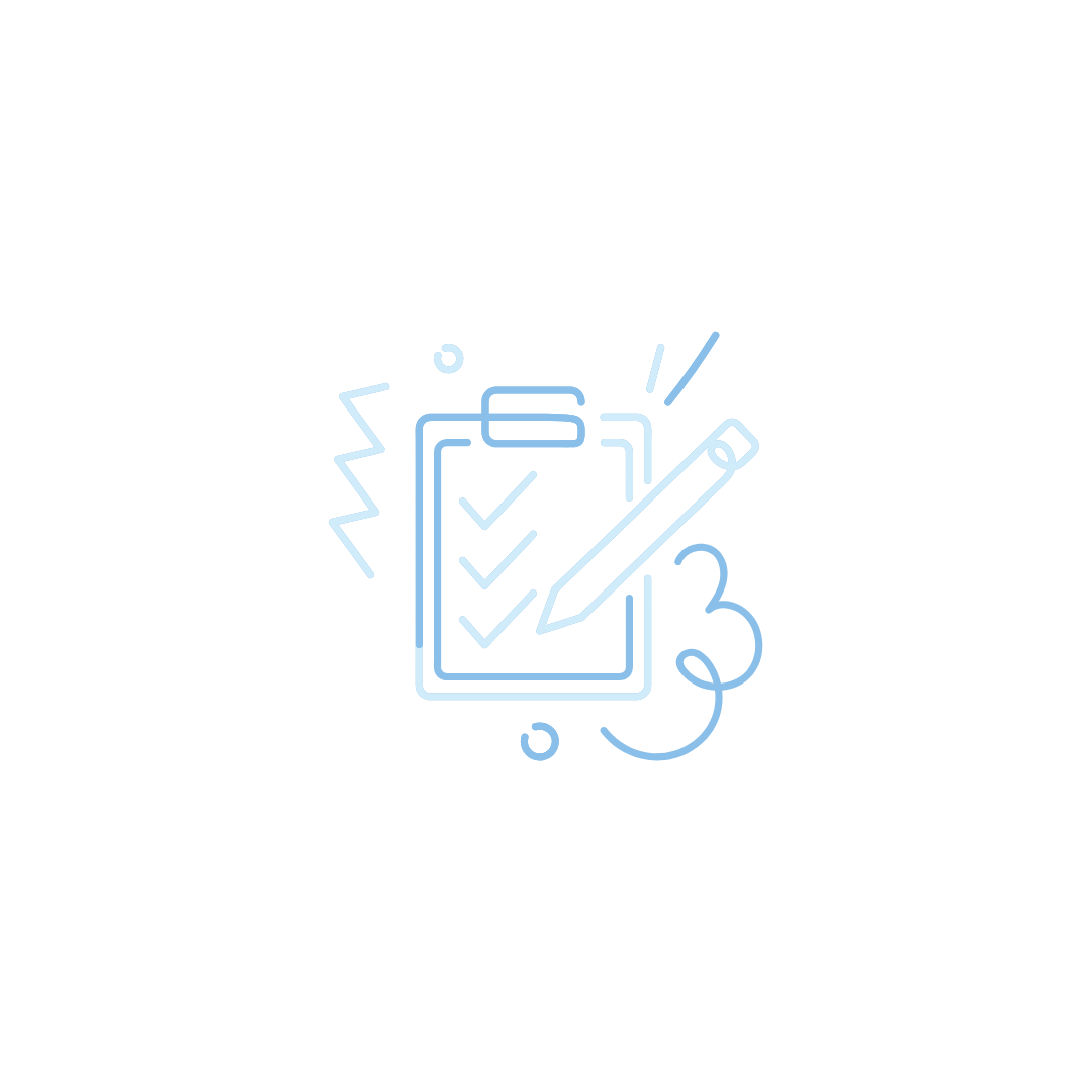 Line drawing of a clipboard with checkmarks, a pencil, and abstract decorative elements.