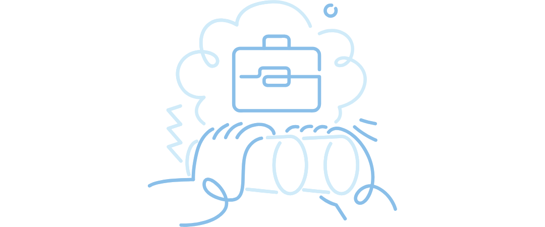 Outline illustration of a person with curly hair has a thought bubble containing a briefcase.