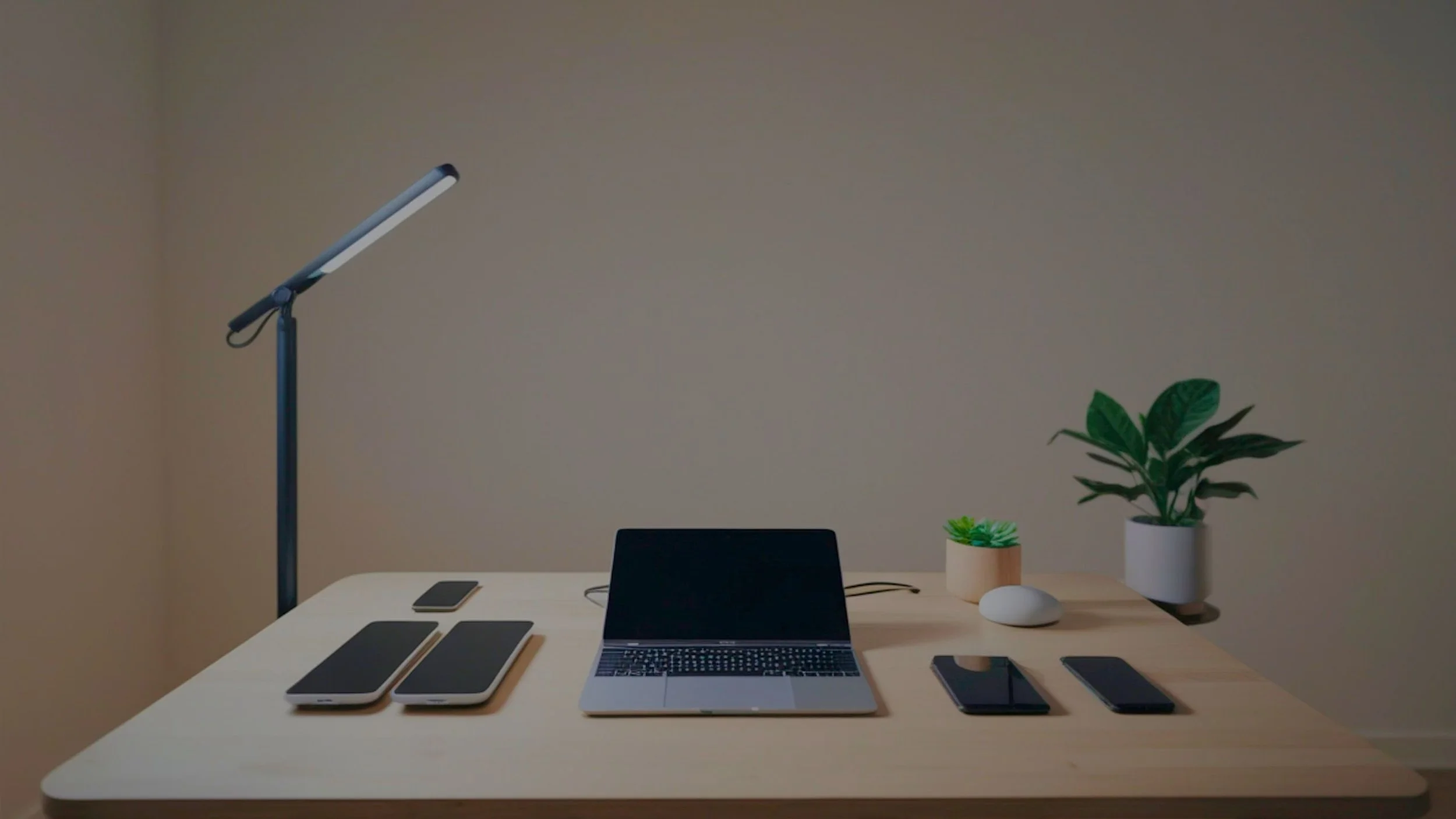 A minimalist workspace with a wooden table, a laptop, multiple smartphones, a smartphone with a stylus, a small potted succulent, a white oval device, a tall green plant in a white pot, and a white desk lamp with an adjustable arm against a plain beige wall.