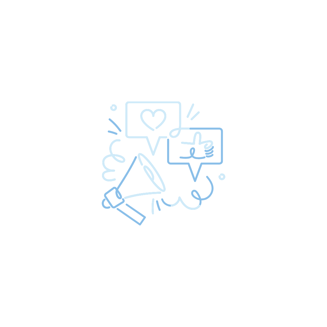 Neon line art illustration of a megaphone with speech bubbles containing a heart and a thumbs-up symbol, representing positive communication or social media engagement.