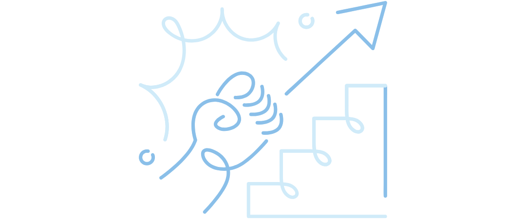 A minimalistic line drawing of a person's profile, holding a pen and pointing towards ascending bar graphs with an upward arrow, representing growth or progress.