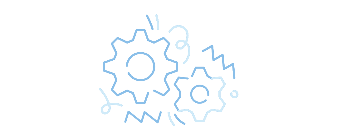 Illustration of two interlocking gears with mechanical lines and symbols surrounding them.