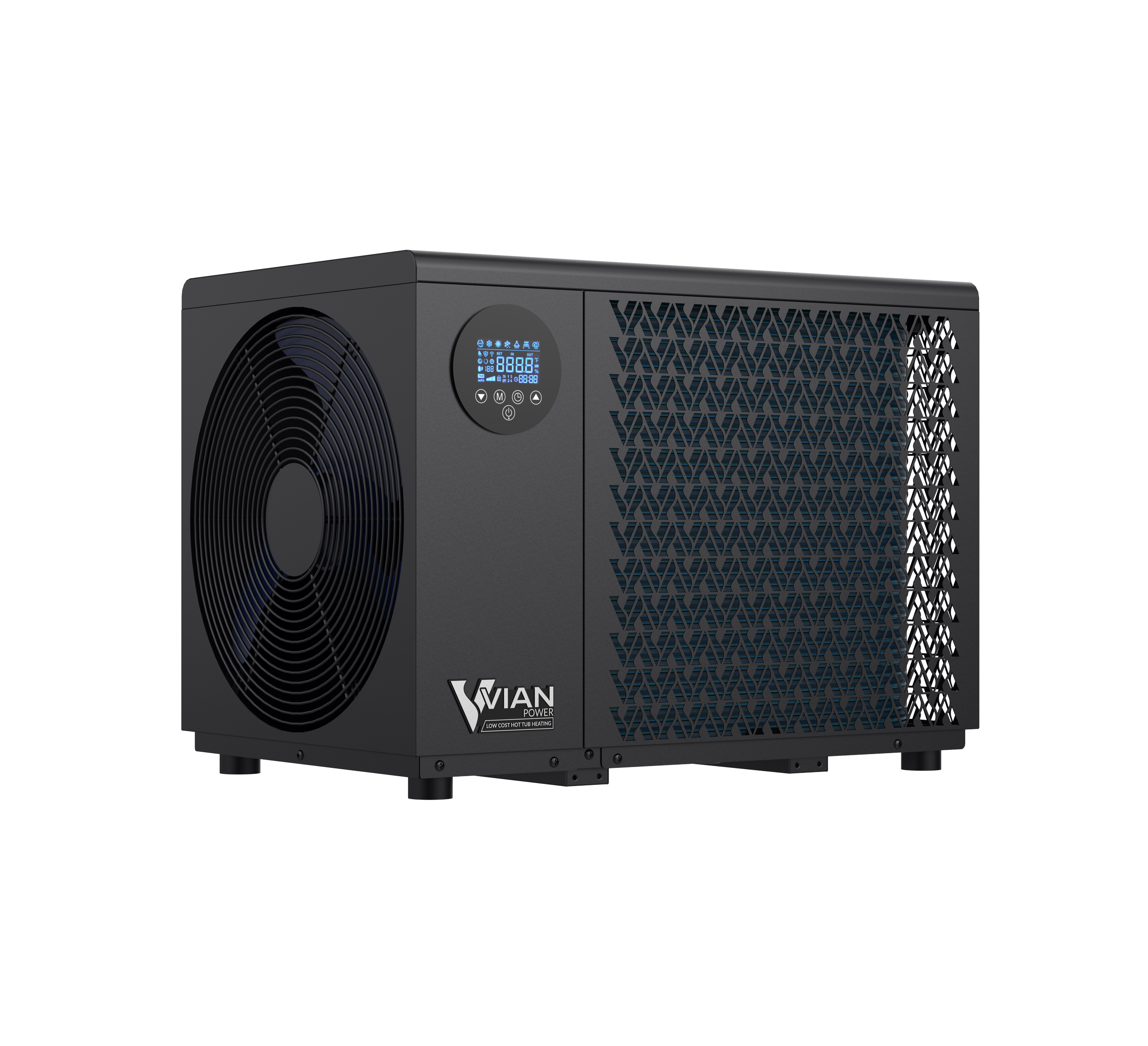 Black Vian Power dehumidifier with digital display, large fan on the side, and vented grille on the front, placed on a white and black background.