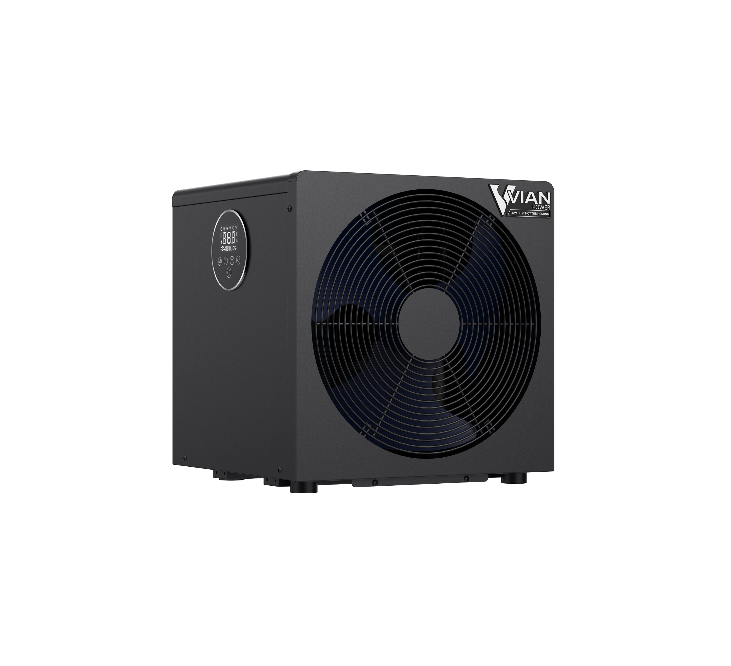 Black Vian Power heat pump with digital control panel, positioned against a black and white background.