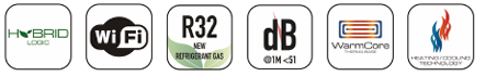 Series of icons indicating hybrid lock, Wi-Fi, R32 refrigerant, decibel level, WarmCore heating, and heating and cooling technology.